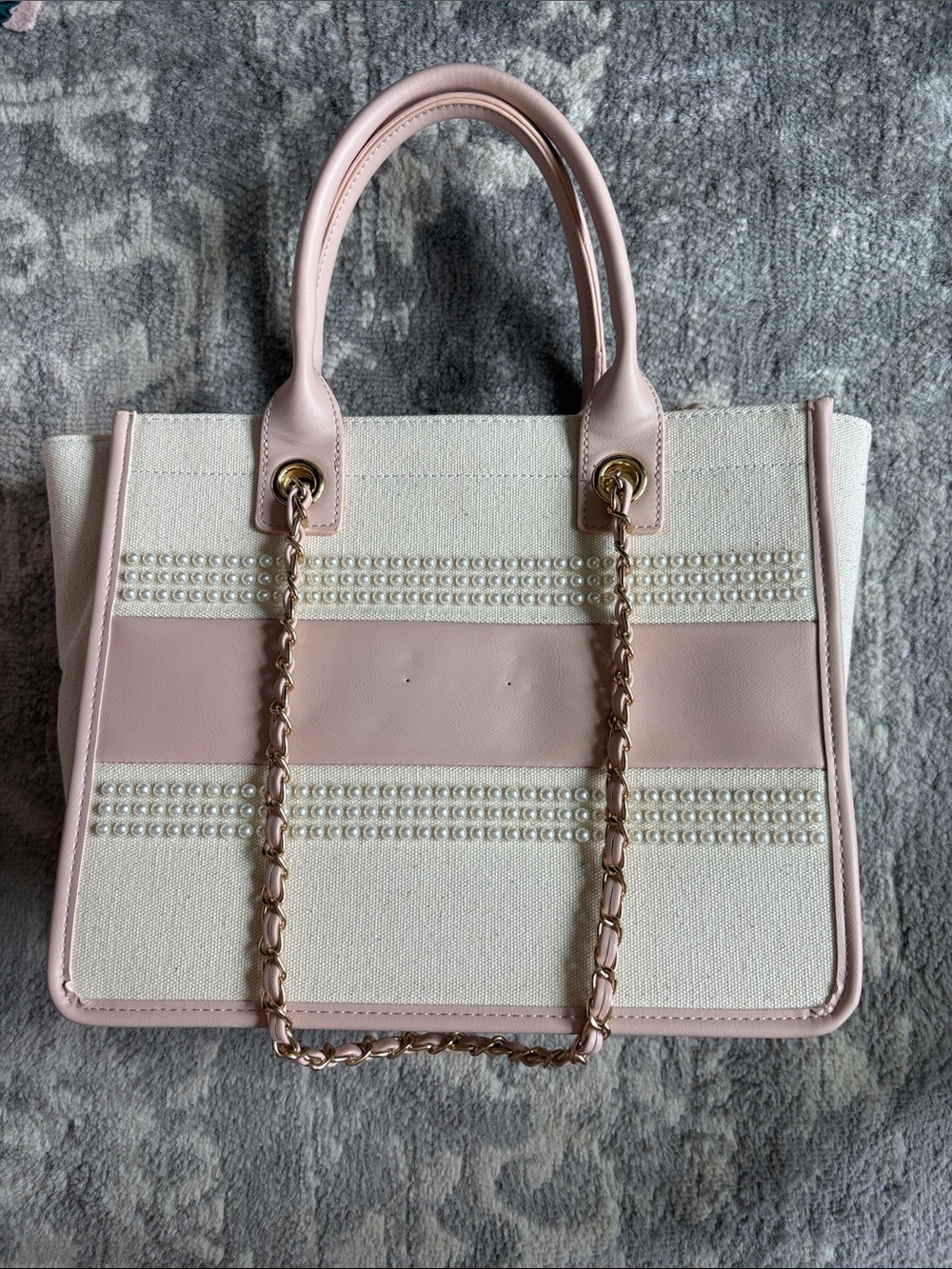 NWOT - Abbott Lyon - Pearl-Embellished Pink & Cream Canvas Tote Bag